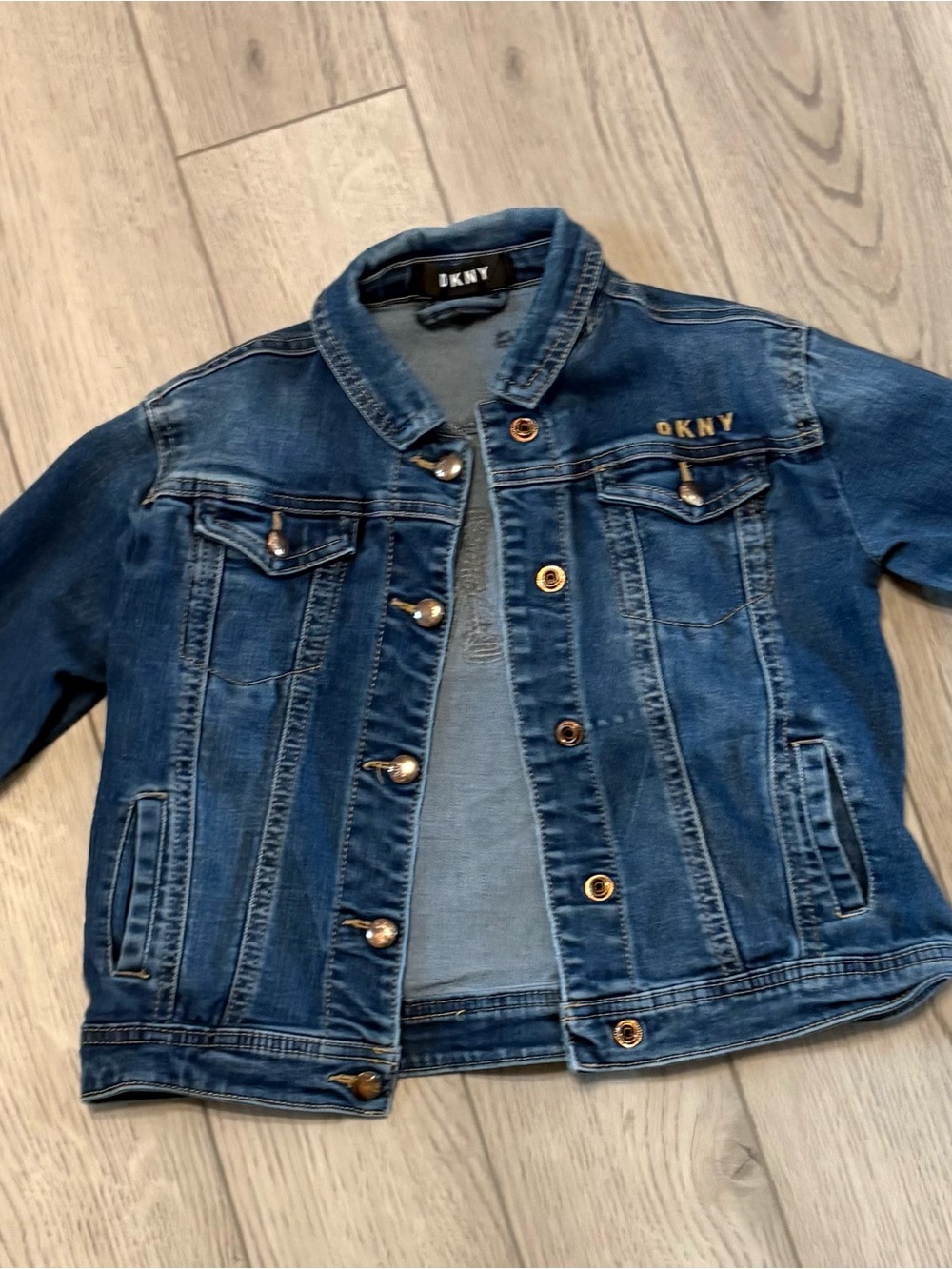 DKNY Girls Blue Denim Jean Jacket with Gold Sequin Design - SMALL MARKER STAIN - Picture 3 of 6
